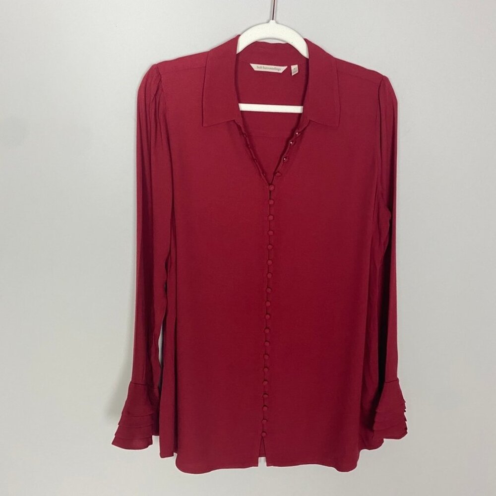 Soft Surroundings Moroccan Red Rayon Crepe Poet Blouse Ruffled Sleeves Small